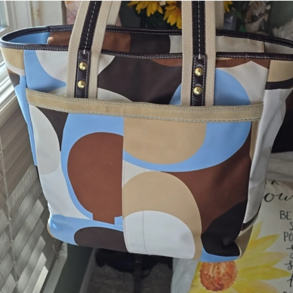 Coach Hamptons OP ART Scarf Print, Suede And Leather Tote CO6M - 10116 Vintage - Picture 3 of 13